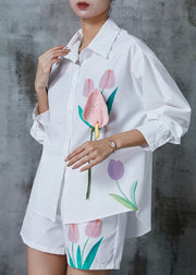Women White Print Knit Floral Cotton Two Pieces Set Summer