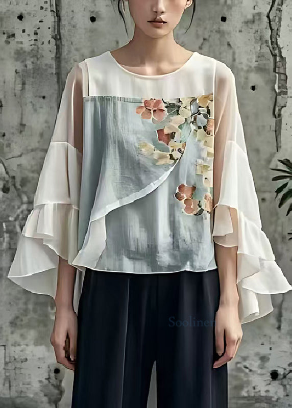 Women White Print Patchwork Cotton Blouses Butterfly Sleeve