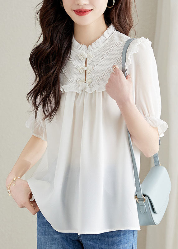 Women White Ruffled Chinese Button Patchwork Chiffon Shirt Top Summer