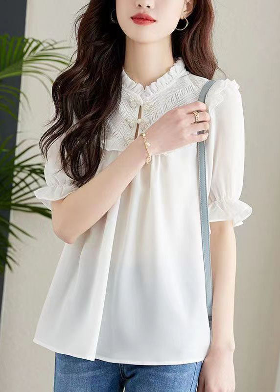 Women White Ruffled Chinese Button Patchwork Chiffon Shirt Top Summer