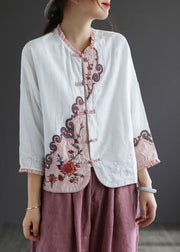 Women White Ruffled Embroidered Patchwork Cotton Tops Spring