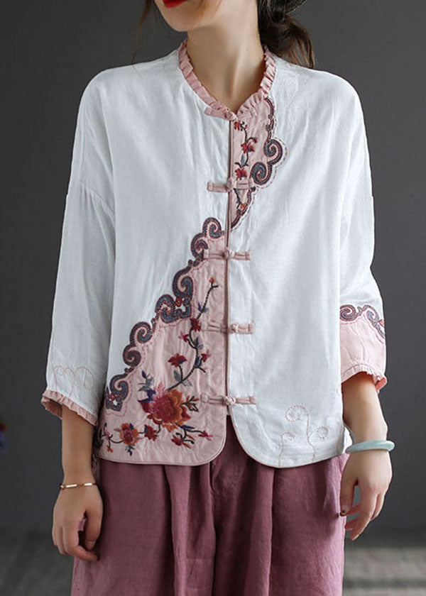 Women White Ruffled Embroidered Patchwork Cotton Tops Spring