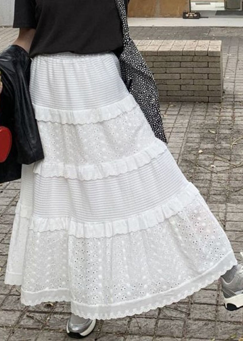 Women White Ruffled Hollow Out Cotton Skirts Summer