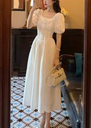 Women White Ruffled Solid Cotton Long Dress Summer