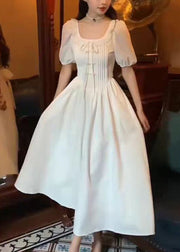 Women White Ruffled Solid Cotton Long Dress Summer