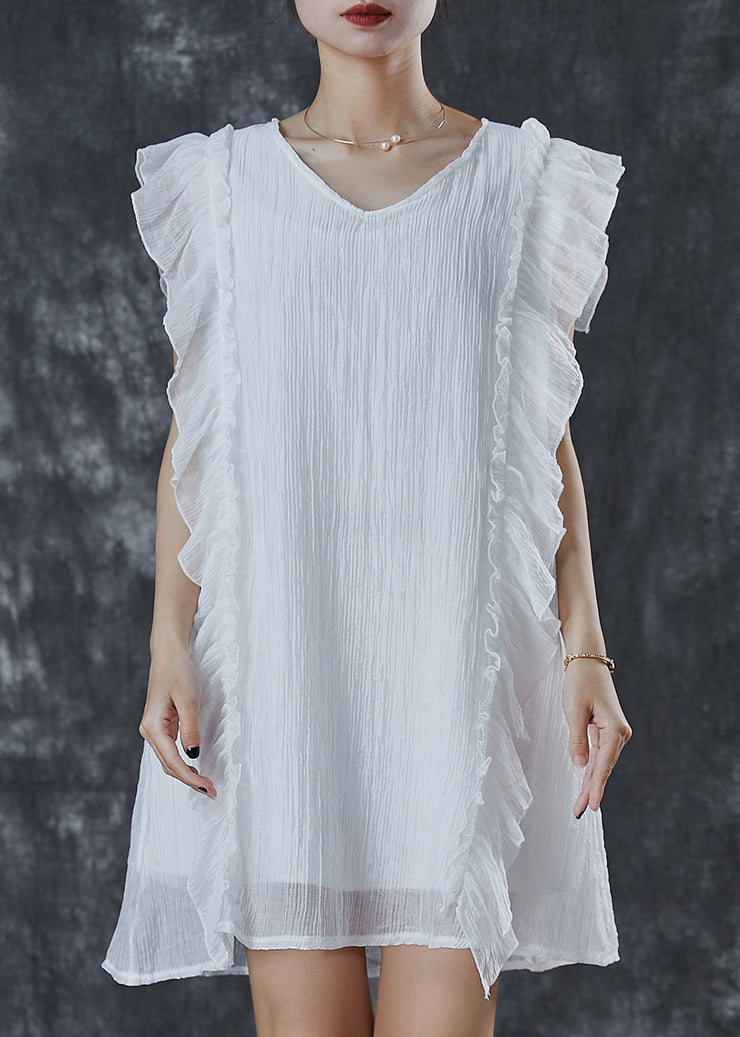 Women White Ruffles Patchwork Chiffon Work Dress Summer