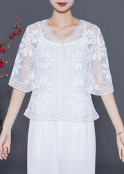 Women White Sequins Embroidered Floral Tulle Cardigan Summer