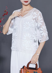 Women White Sequins Embroidered Floral Tulle Cardigan Summer