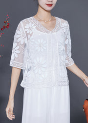 Women White Sequins Embroidered Floral Tulle Cardigan Summer