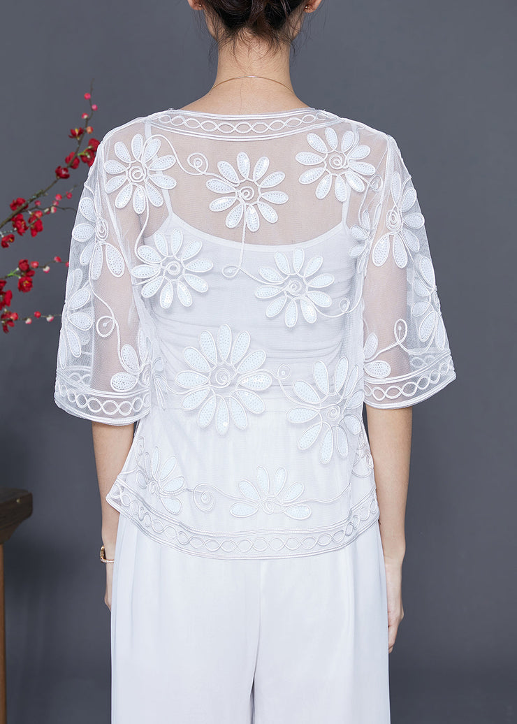 Women White Sequins Embroidered Floral Tulle Cardigan Summer