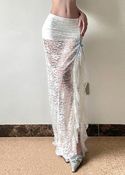 Women White Side Open Hollow Out Lace Wraped Skirts Spring