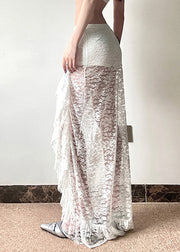 Women White Side Open Hollow Out Lace Wraped Skirts Spring