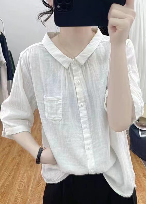 Women White Solid Button Cotton Shirts Bracelet Sleeve