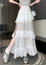 Women White Solid Side Open Cotton Summer Skirts
