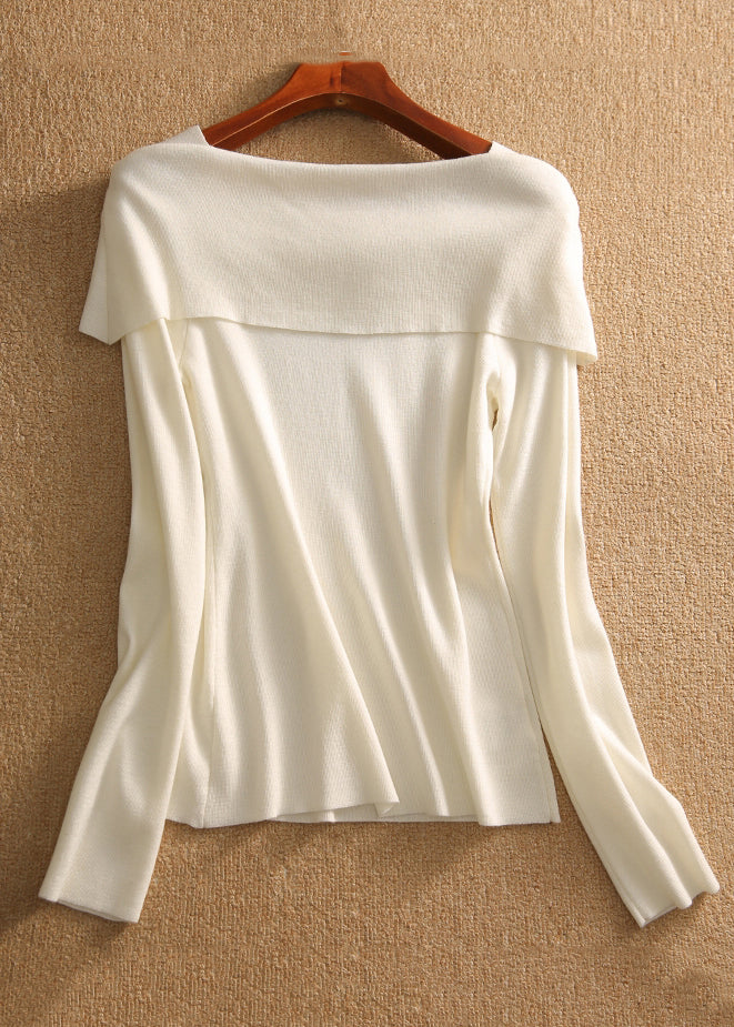 Women White Square Collar Bow  Cotton Knit Tops Fall