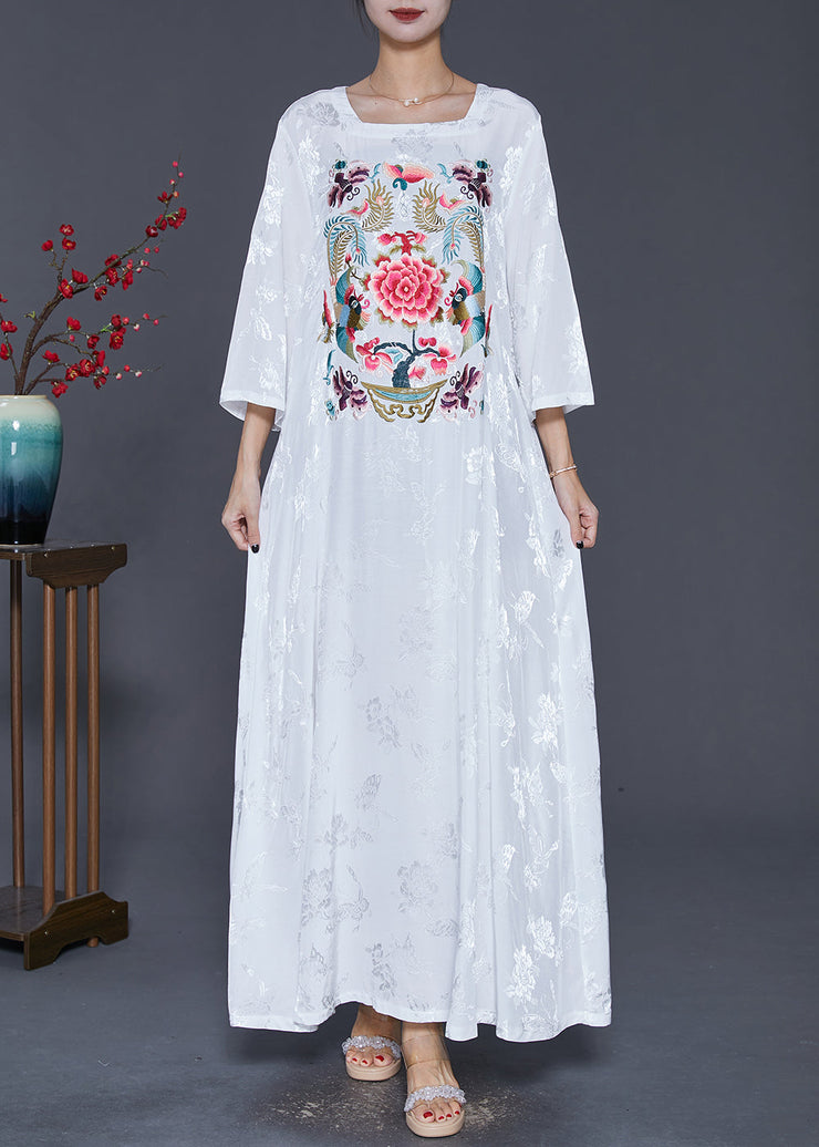 Women White Square Collar Embroidered Silk Ankle Dress Fall