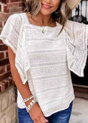 Women White Square Collar Hollow Out Lace Blouses Summer