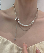 Women White Stainless Steel Pearl Bow Tassel Sweater Lariat Necklace