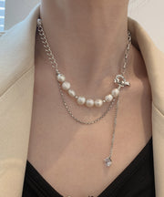 Women White Stainless Steel Pearl Bow Tassel Sweater Lariat Necklace