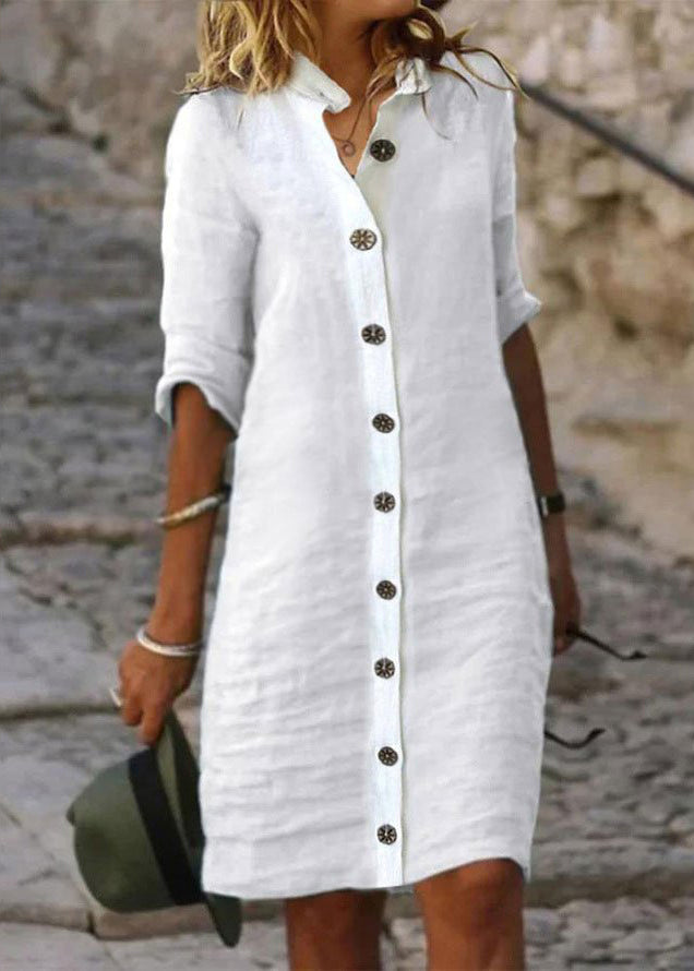 Women White Stand Collar Button Cotton Shirts Dresses Half Sleeve