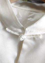 Women White Stand Collar Chinese Button Embroideried Silk Tops Spring