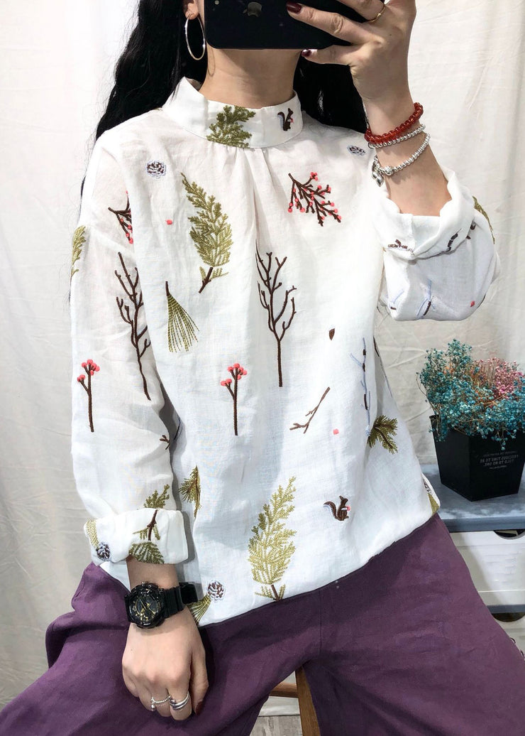 Women White Stand Collar Embroidered Linen Blouses Long Sleeve