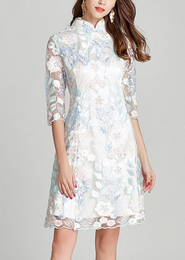 Women White Stand Collar Embroidered Silk Mid Dresses Summer