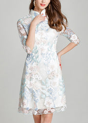 Women White Stand Collar Embroidered Silk Mid Dresses Summer