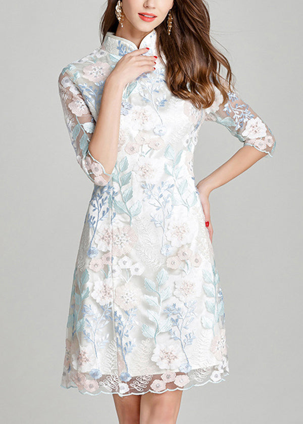 Women White Stand Collar Embroidered Silk Mid Dresses Summer