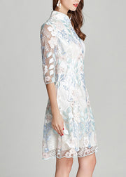 Women White Stand Collar Embroidered Silk Mid Dresses Summer