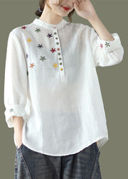 Women White Stand Collar Embroideried Linen Shirt Spring