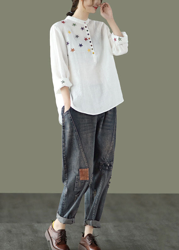 Women White Stand Collar Embroideried Linen Shirt Spring