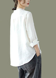 Women White Stand Collar Embroideried Linen Shirt Spring