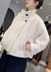 Women White Stand Collar Patchwork Pockets Faux Fur Coats Fall