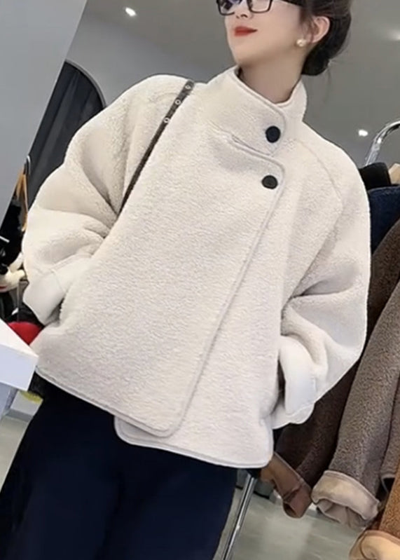 Women White Stand Collar Patchwork Pockets Faux Fur Coats Spring