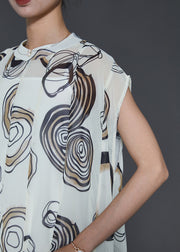 Women White Stand Collar Print Chiffon Holiday Dress Two Piece Set Summer