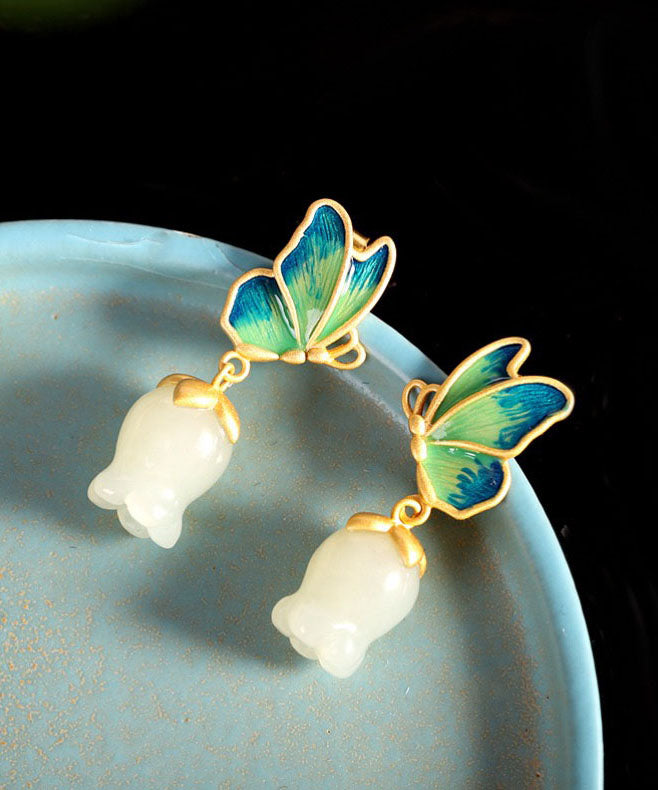 Women White Sterling Silver Overgild Jade Cloisonne Drop Earrings