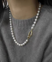 Women White Sterling Silver Overgild Pearl Beading Gratuated Bead Necklace