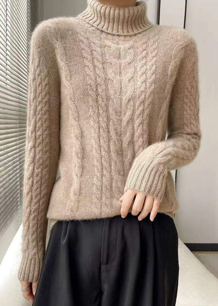 Women White Turtleneck Wool Cable Knit Sweaters Long Sleeve