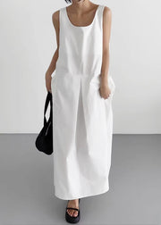 Women White U Neck Cotton Robe Dresses Sleeveless