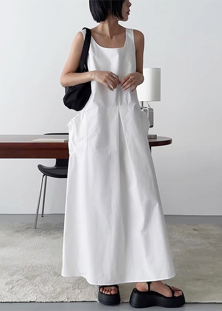 Women White U Neck Cotton Robe Dresses Sleeveless