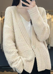 Women White V Neck Button Woolen Cable Knit Coats Spring