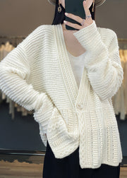 Women White V Neck Button Woolen Cable Knit Coats Spring