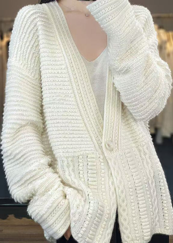 Women White V Neck Button Woolen Cable Knit Coats Spring