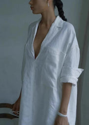 Women White V Neck Cotton Mid Shirts Dress Long Sleeve