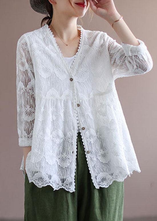 Women White V Neck Embroideried Lace Cardigans Tops Spring