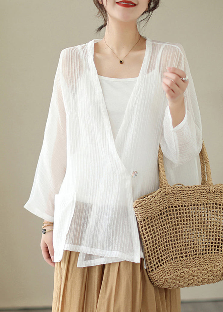 Women White V Neck Oversized Cotton UPF 50+ Cardigan Summer