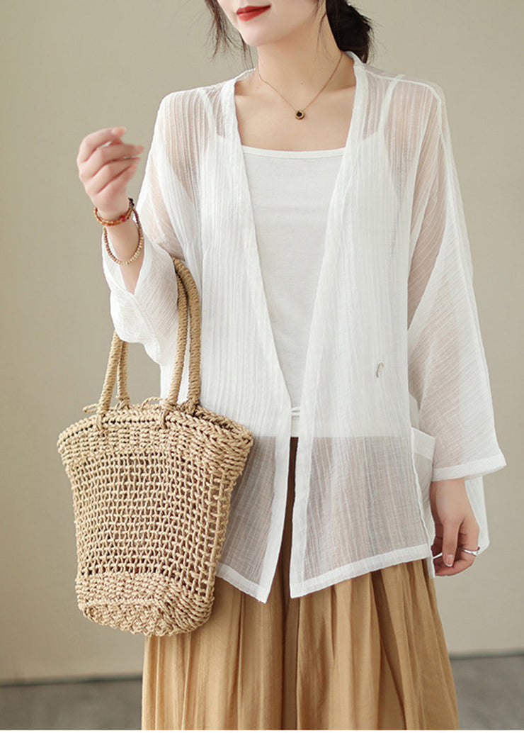 Women White V Neck Oversized Cotton UPF 50+ Cardigan Summer