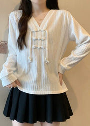 Women White V Neck Patchwork Cotton Shirt Top Fall