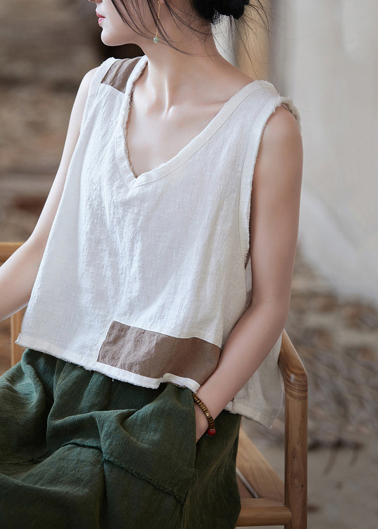 Women White V Neck Patchwork Linen Shirt Top Sleeveless